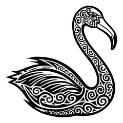 That image is a beautiful, black-and-white illustration of a Flamingo, characterized by its signature S-shaped neck, and completely covered in intricate swirl and filigree patterns.