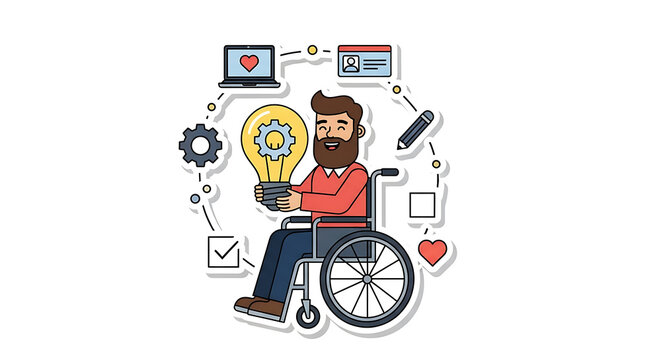 Empowered man in wheelchair holding lightbulb celebrates innovation and ideas, surrounded by icons of creativity, showcasing inclusion and diversity for modern business solutions