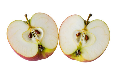 Two apple halves showing seeds isolated on transparent background, healthy and fresh fruit
