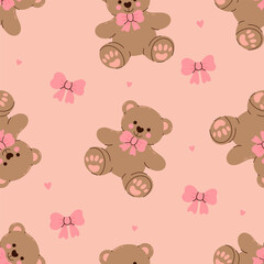 Seamless pattern with cute teddy bears and bows. Vector graphics.
