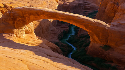 Natural sandstone arch over a winding river in a canyon