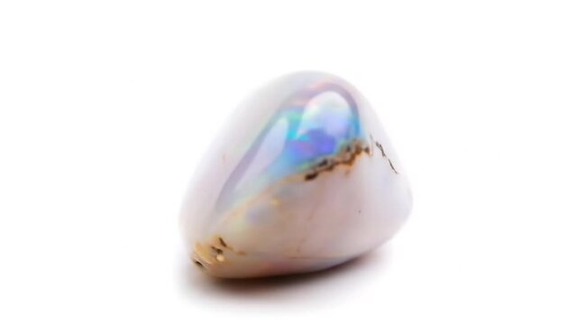 Iridescent opal gemstone on white background.