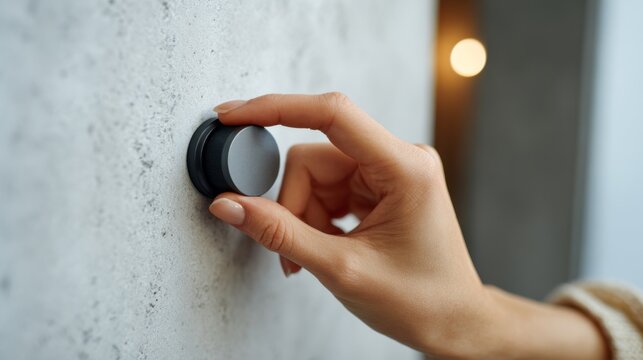 A close-up of a female hand adjusting a sleek, modern dimmer switch on a textured gray wall.