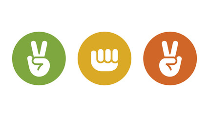 Obraz premium Circular icons with hand gestures: green peace sign, yellow fist, and orange peace sign, representing choice, interaction, decisions, and options.