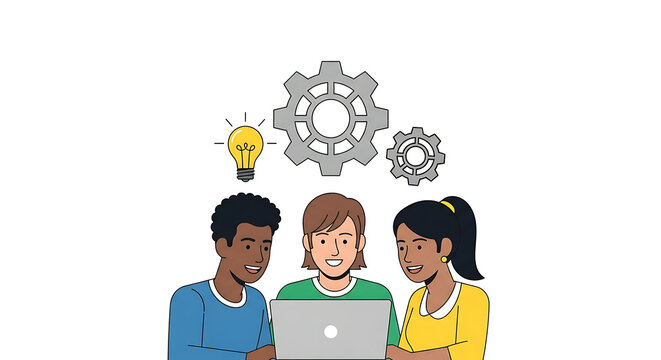 Diverse team brainstorming innovative ideas with laptop and gear icons, representing collaboration, problem-solving, and creative solutions for modern business growth