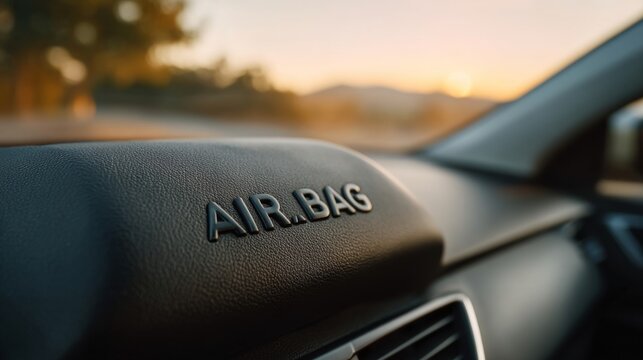Close-up of an airbag sign in a car interior during sunset, showcasing safety features and modern design.