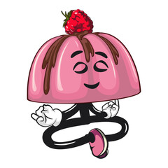 cute pink jelly dessert mascot cartoon vector food illustration, adorable raspberry pudding character with Chocolate Topping meditating, work of hand drawn