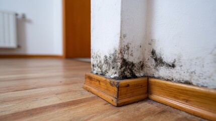 Close-up of mold growth on a wall corner, showcasing unhealthy indoor conditions and neglected maintenance.
