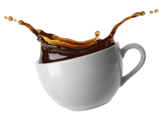 Coffee splashing out of a white cup isolated on transparent background in studio shot