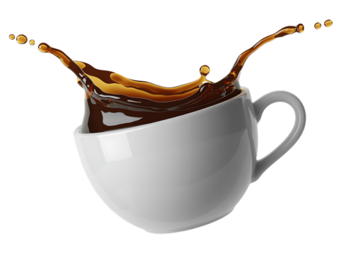 Coffee splashing out of a white cup isolated on transparent background in studio shot - Powered by Adobe