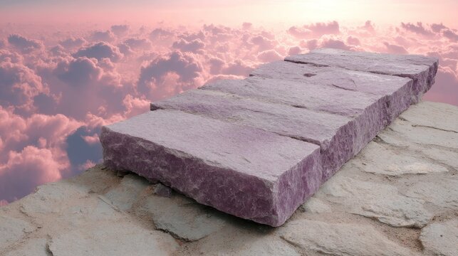 Surreal floating lavender stone platform above pastel coral clouds with twilight sky, dreamy ethereal landscape evokes calm and wonder - Powered by Adobe