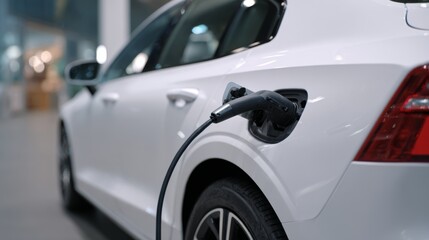 A sleek white electric vehicle charging in a modern garage, showcasing its eco-friendly technology.