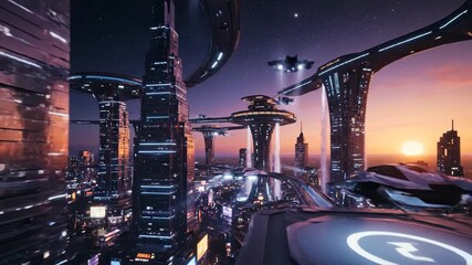A futuristic cityscape, with towering skyscrapers, air traffic, and interconnected elevated structures. Vibrant lights illuminate the night sky - Powered by Adobe