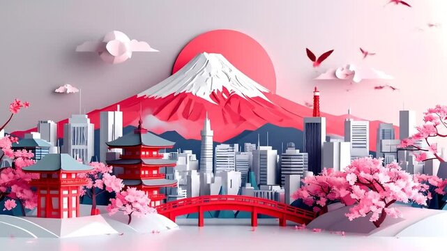 Japan illustration with Mount Fuji and cherry blossoms.