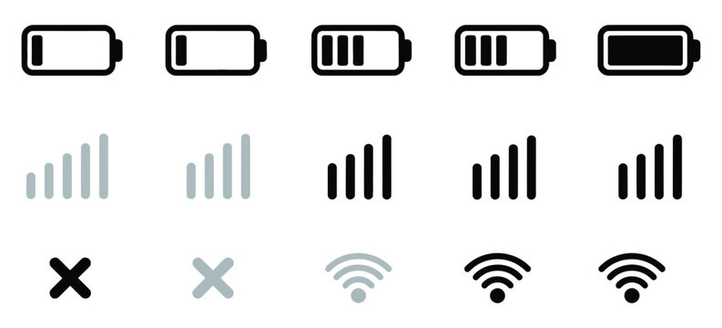Digital device status icons set showing battery charge level, cellular network reception strength, and wi-fi connection indicators with various states for modern ui