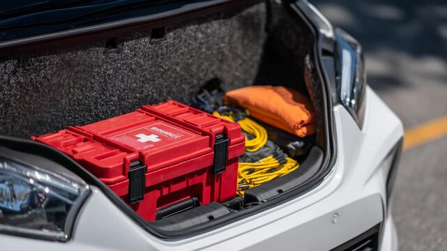 56Close-up of car trunk filled with emergency supplies, including red first aid kit, folded orange blanket, and bright yellow jumper cables, modern hatchback illuminated by natural d