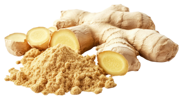 Ginger root with ginger powder showing rich warm texture and finely ground spicy particles clearly presented in detailed view isolated on white background