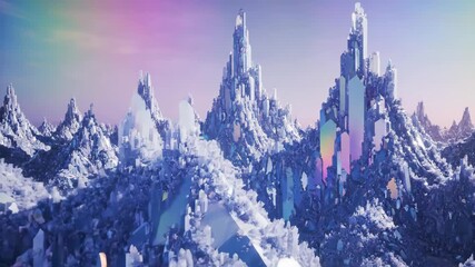 Crystalline mountain peaks rise with shimmering icy formations soft pastel sky, creating surreal and mesmerizing landscape of sparkling crystal - Powered by Adobe
