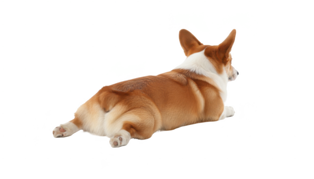 Lying Down Corgi Dog Back View on White Background