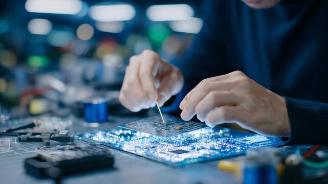 64Electronic workshop moment captured in detail, hands lifting circuit board gently, soldering tools and wire spools scattered on illuminated bench, vivid reflections, industrial tec