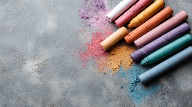 Rustic wooden chalkboard with colorful pastel chalk smudges on textured gray surface, topdown view showcasing creative education and artistic expression with ample copy space