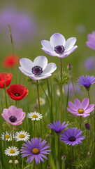 Fototapeta premium Vibrant Wildflower Meadow Close‑Up Featuring White Anemones, Red Poppies and Purple Daisy Blossoms