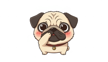 Worried Cartoon Pug With Paw on Face Against White Background