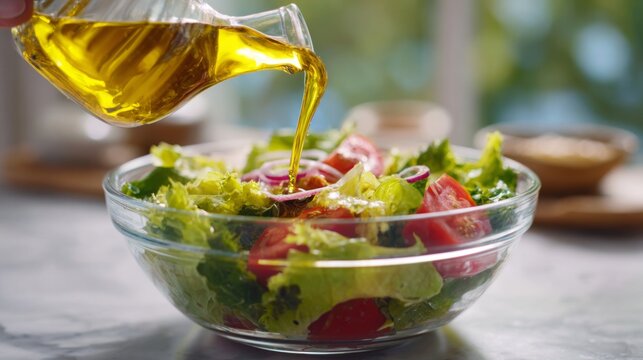 A vibrant glass bowl filled with fresh salad greens and vegetables being drizzled with golden olive oil.