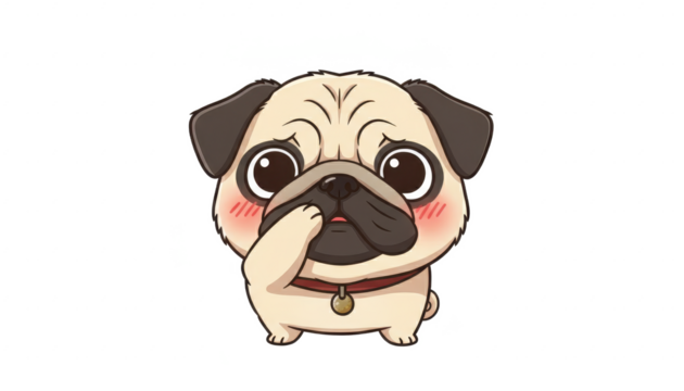 Worried Cartoon Pug With Paw on Face Against White Background