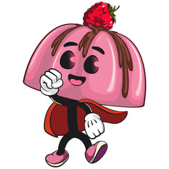 cute pink jelly dessert mascot cartoon vector food illustration, adorable raspberry pudding character with Chocolate Topping as flying superhero wearing a robe, work of hand drawn