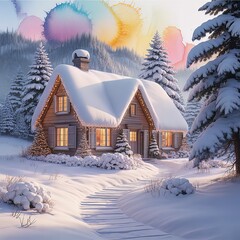 Fototapeta premium Winter cabin in snow landscape covered roof tranquil rural scene drawing