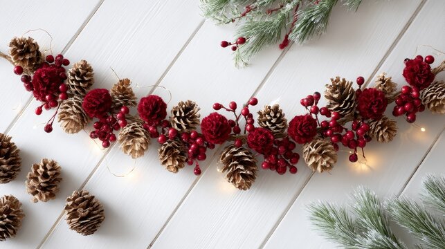 Festive holiday garland with pinecones, red berries, and twinkling fairy lights on white wooden background with space for copy