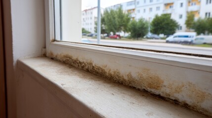 Obraz premium Close-up of a dirty window sill showing signs of mold and neglect.