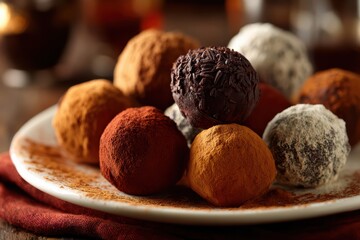 Cocoadusted artisan chocolate truffles on white background