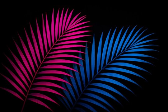 Pink and blue palm fronds on black background