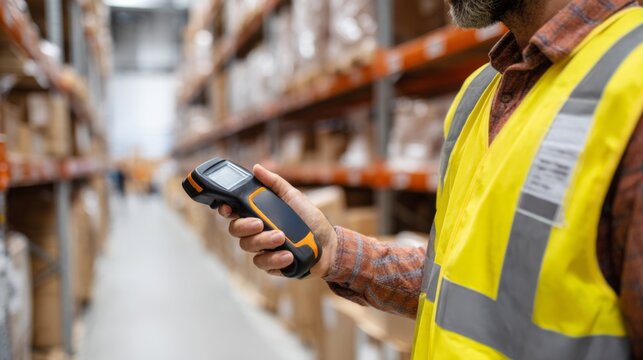 A male warehouse worker in a safety vest scans items with a handheld device in a busy storage facility.