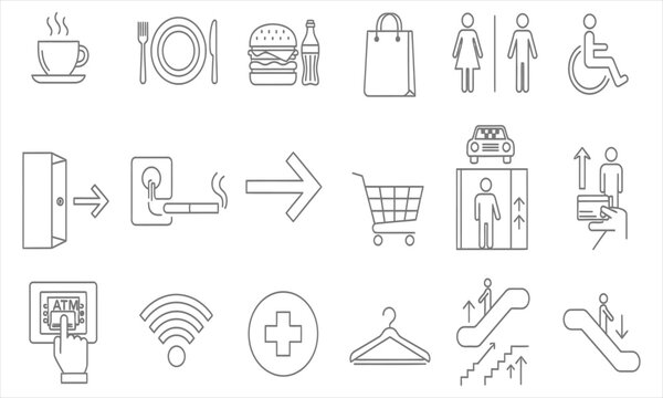 Set of line icons representing various services and amenities found in public spaces and commercial establishments