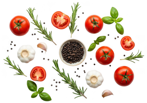 Fresh ingredients for cooking tomatoes garlic rosemary basil and peppercorns arranged artfully transparent background