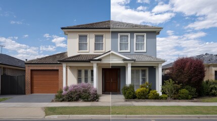 A modern two-story house split into two color schemes, showcasing a charming blend of design styles.