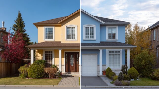A charming side-by-side comparison of two distinct residential facades in contrasting colors, showcasing modern architecture.