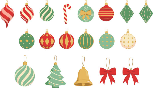 Christmas ornaments clipart PNG bundle retro baubles candy cane bells bows holiday decorations for cards crafts sublimation