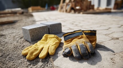 A pair of work gloves and concrete blocks on a construction site, showcasing the tools of the trade.