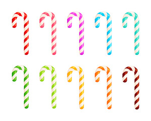 Colorful candy canes set in multiple striped variations. Holiday sweets, dessert treats, and festive decoration concepts. Flat vector illustration isolated on white background