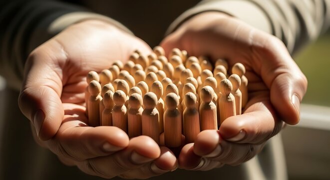 Hands Holding Small Wooden figures nestled in open palms, symbolizing the significance of human connection, empathy, and the strength found in unity.
