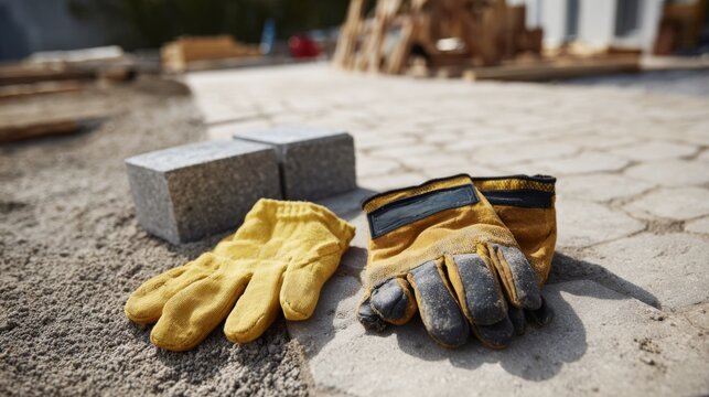 A pair of work gloves and concrete blocks on a construction site, showcasing the tools of the trade.