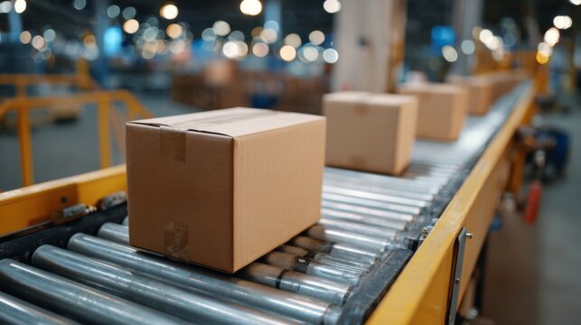 A close-up view of cardboard boxes on a conveyor belt in a warehouse setting, showcasing modern logistics and distribution processes.