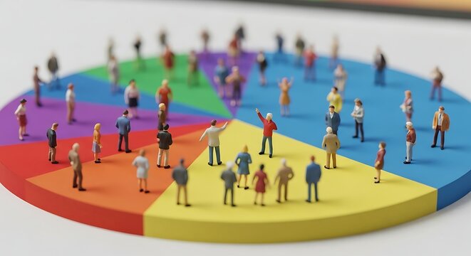 Colorful Pie Chart with Miniature People Figures in Business Meeting or Data Presentation Scene - Powered by Adobe