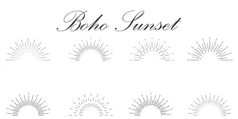 Boho sunburst logo, sun line art vector. Sunset sunrise stock vector logo design. Boho style Sunburst and sunrise icons in editable stock. Vintage sunburst, sunset beams, half circle sunrise. 