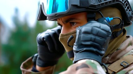 Close-up on gloved hands adjusting a helmet strap, face out of frame, precision and readiness concept, with copy space.