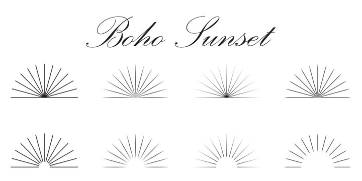 Boho sunburst logo, sun line art vector. Sunset sunrise stock vector logo design. Boho style Sunburst and sunrise icons in editable stock. Vintage sunburst, sunset beams, half circle sunrise. 